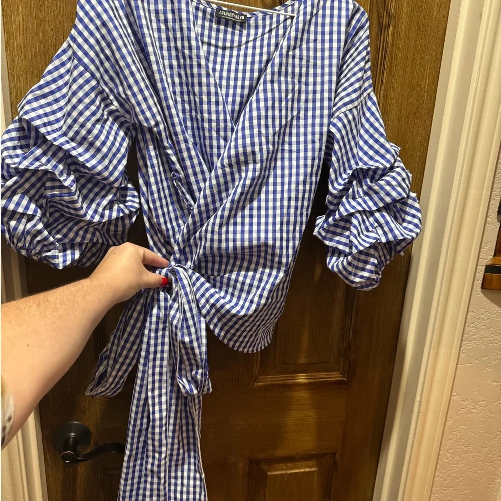 Fashion Nova Blue Checkered Wrap Blouse - Picture 3 of 7